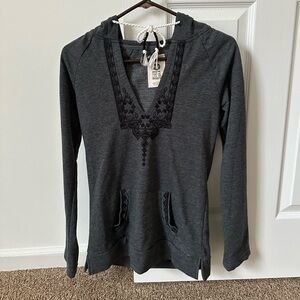 Roxy V Neck Hoodie Top Gray Black Detail Drawstring Size XS